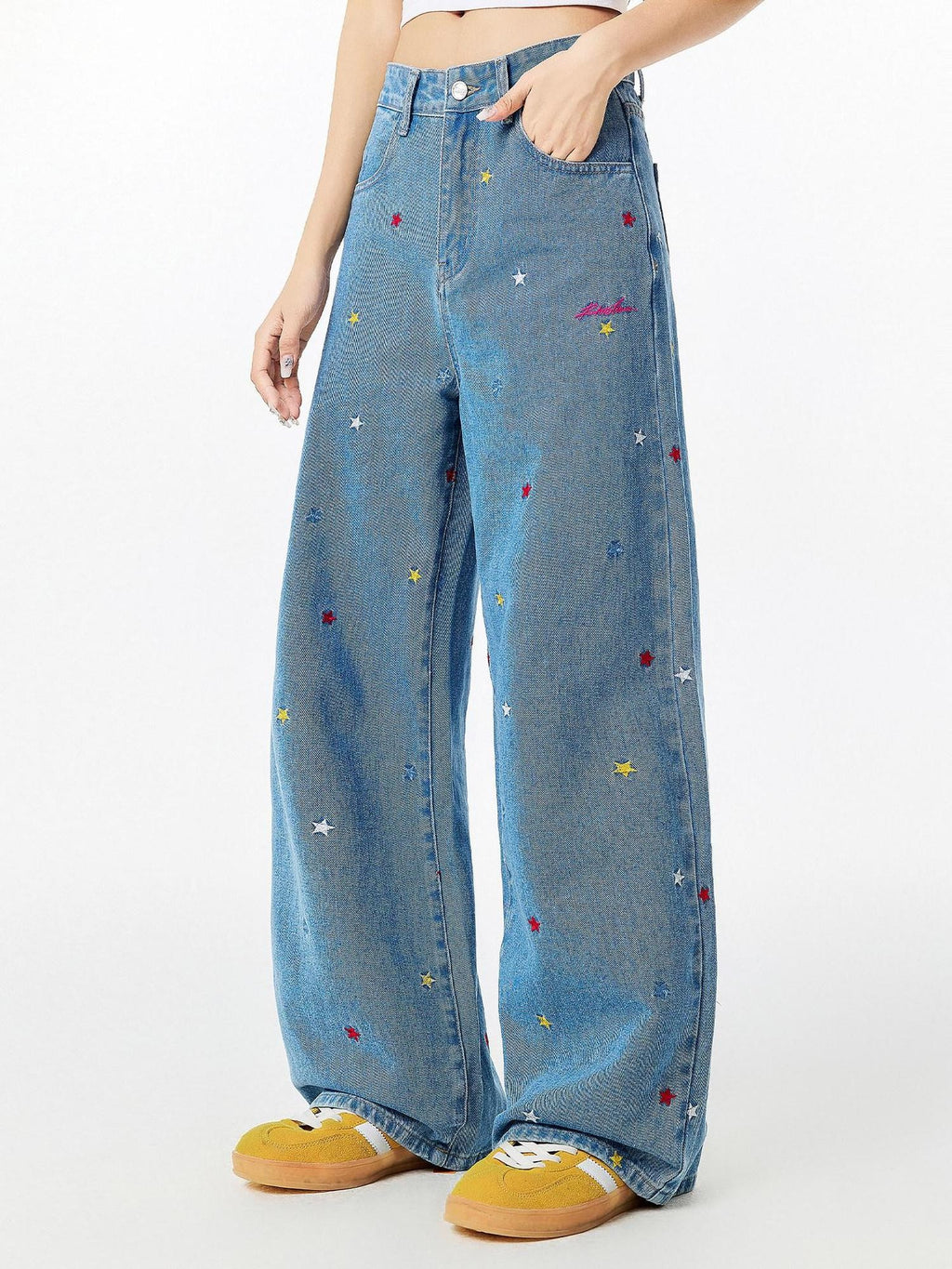 RickyisClown Washed Blue Star Embroidered Loose Men's Denim Straight Jeans