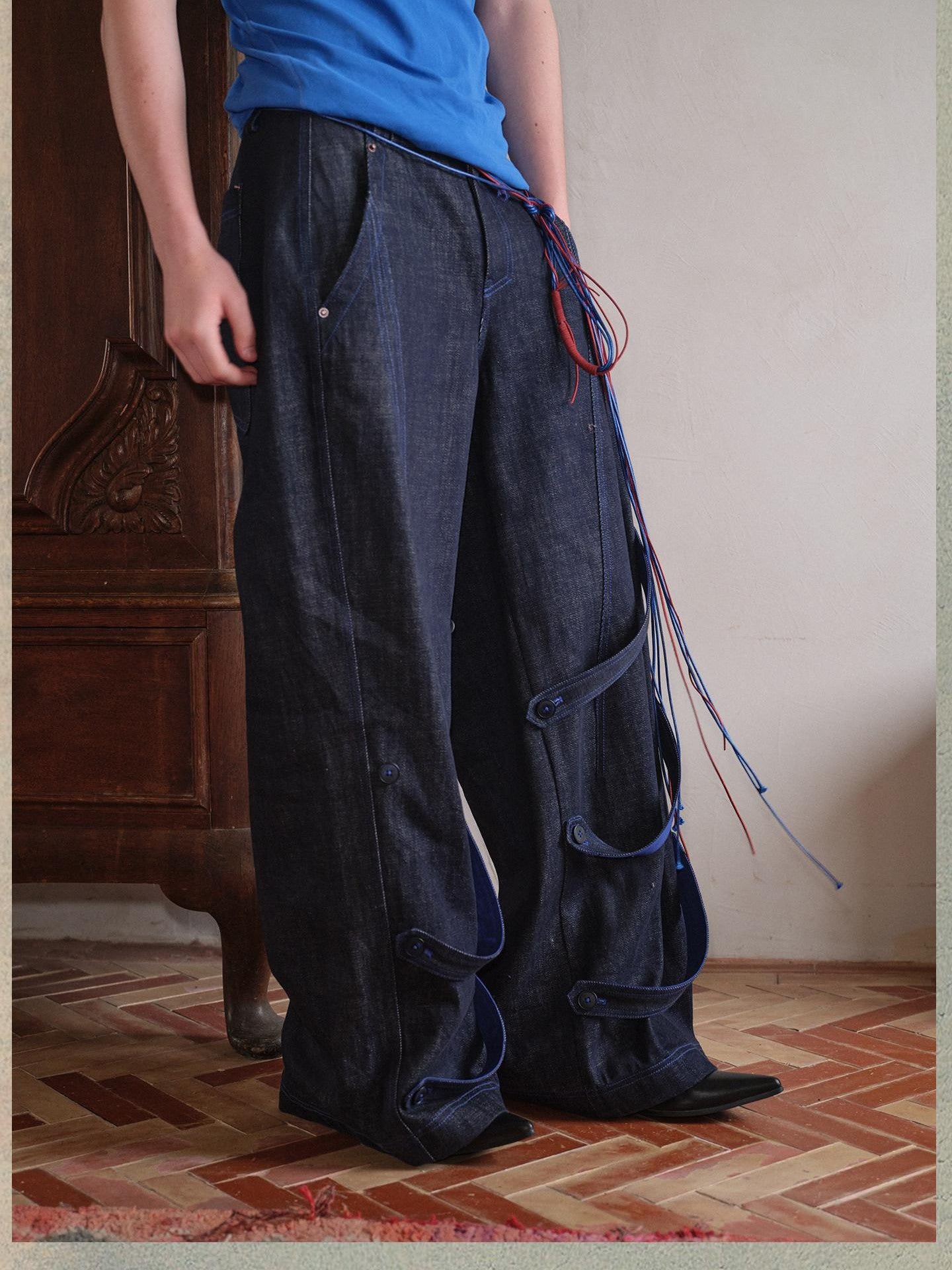 soknot Indigo Washed Dark Navy Wide Leg Relaxed Fit Men's Denim Loose Jeans