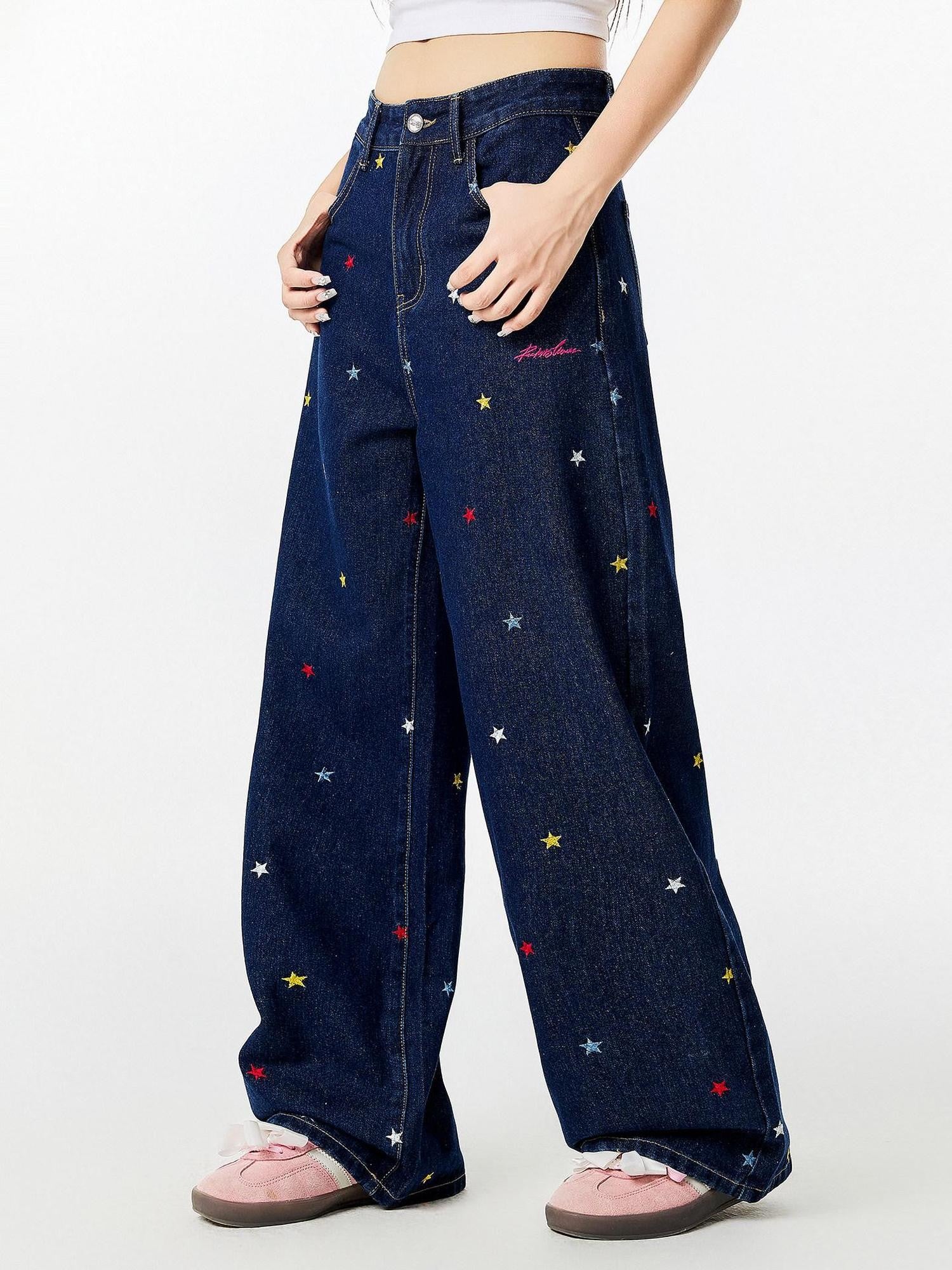 RickyisClown Washed Blue Star Embroidered Loose Men's Denim Straight Jeans