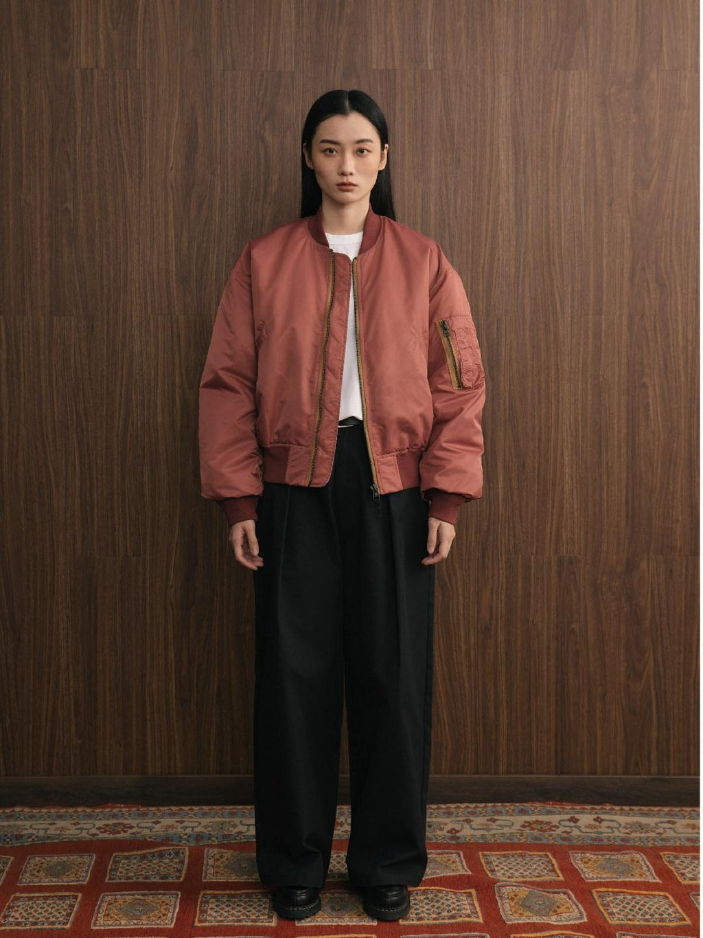 SUPERTOFU Warm Thick Salmon Striped Baseball Collar Cuffed Sleeves Unisex Bomber Jackets