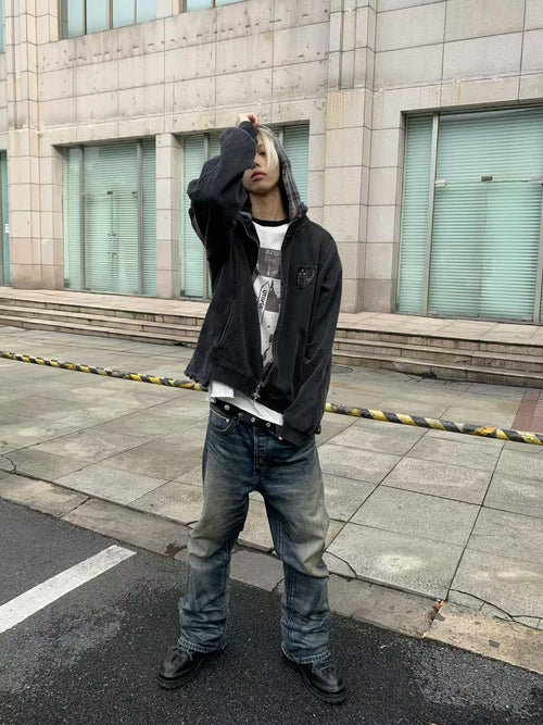 TH4SWE 100 Percent Cotton Terry Loose Fit Hooded Zip Unisex Youth Black Plaid Hoodies