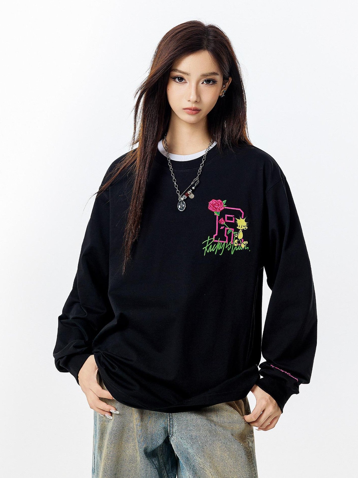 RickyisClown Pineapple Head Embroidered Loose Men's Cotton Blend Long Sleeve T-shirts