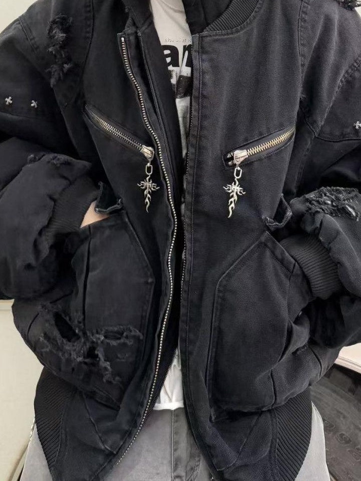 TH4SWE Warm Washed Hooded Oversized Short Cotton Ribbed Hem Unisex Black Puffer Jackets