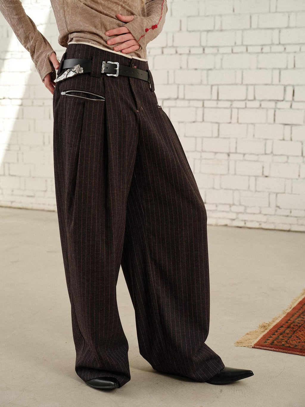 soknot Gray Pink Striped Relaxed Wide Fit Men's Polyester Viscose Blend Dress Pants