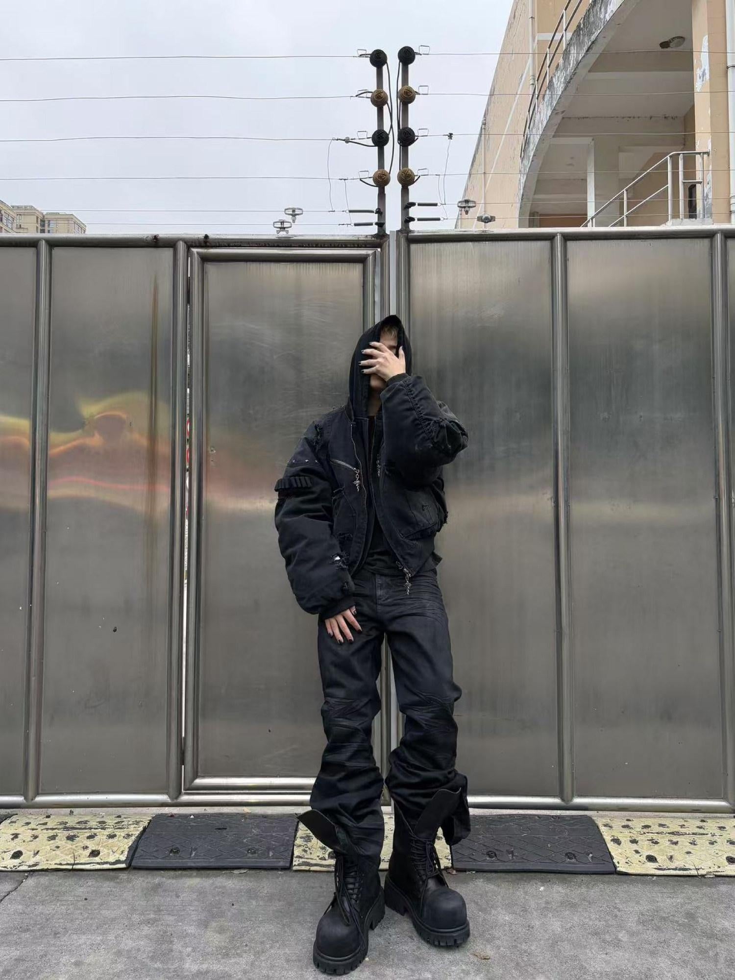 TH4SWE Warm Washed Hooded Oversized Short Cotton Ribbed Hem Unisex Black Puffer Jackets