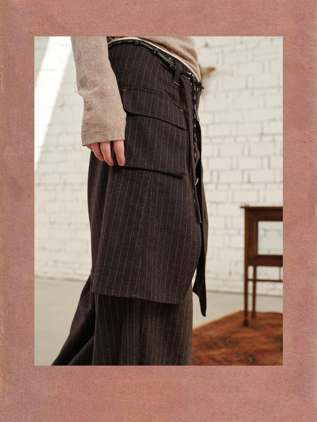 soknot Gray Pink Striped Relaxed Wide Fit Men's Polyester Viscose Blend Dress Pants