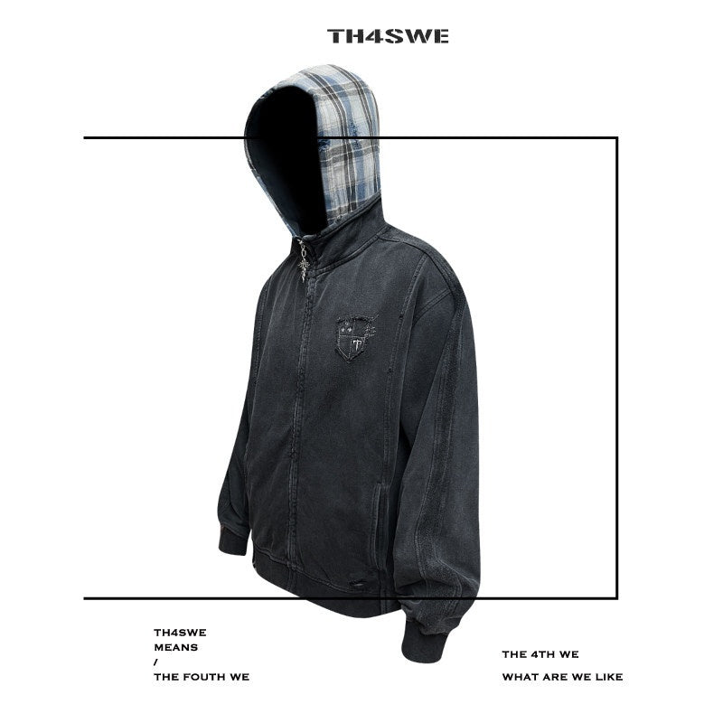TH4SWE_100_Percent_Cotton_Terry_Loose_Fit_Hooded_Zip_Unisex_Youth_Black_Plaid_Hoodies_MISSTT