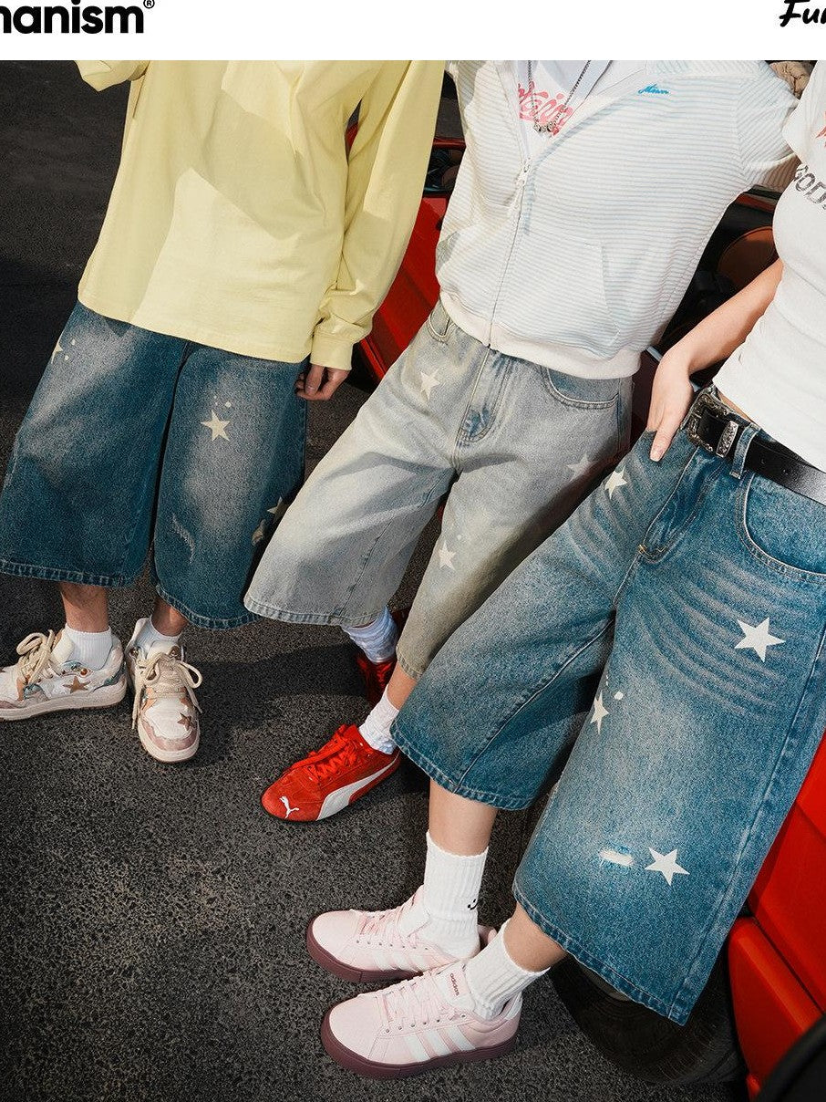 lemanism Star Print Seven Point Cropped Casual Couple Men's Denim Loose Jeans