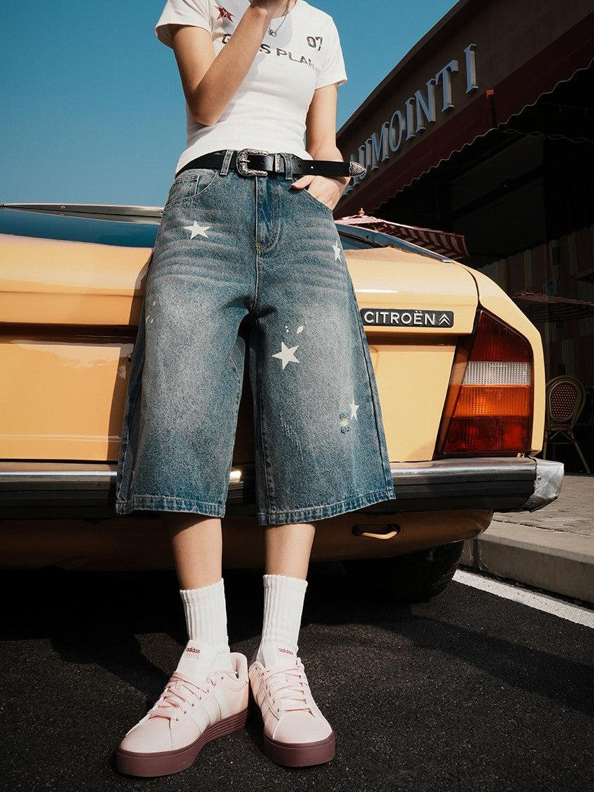 lemanism Star Print Seven Point Cropped Casual Couple Men's Denim Loose Jeans