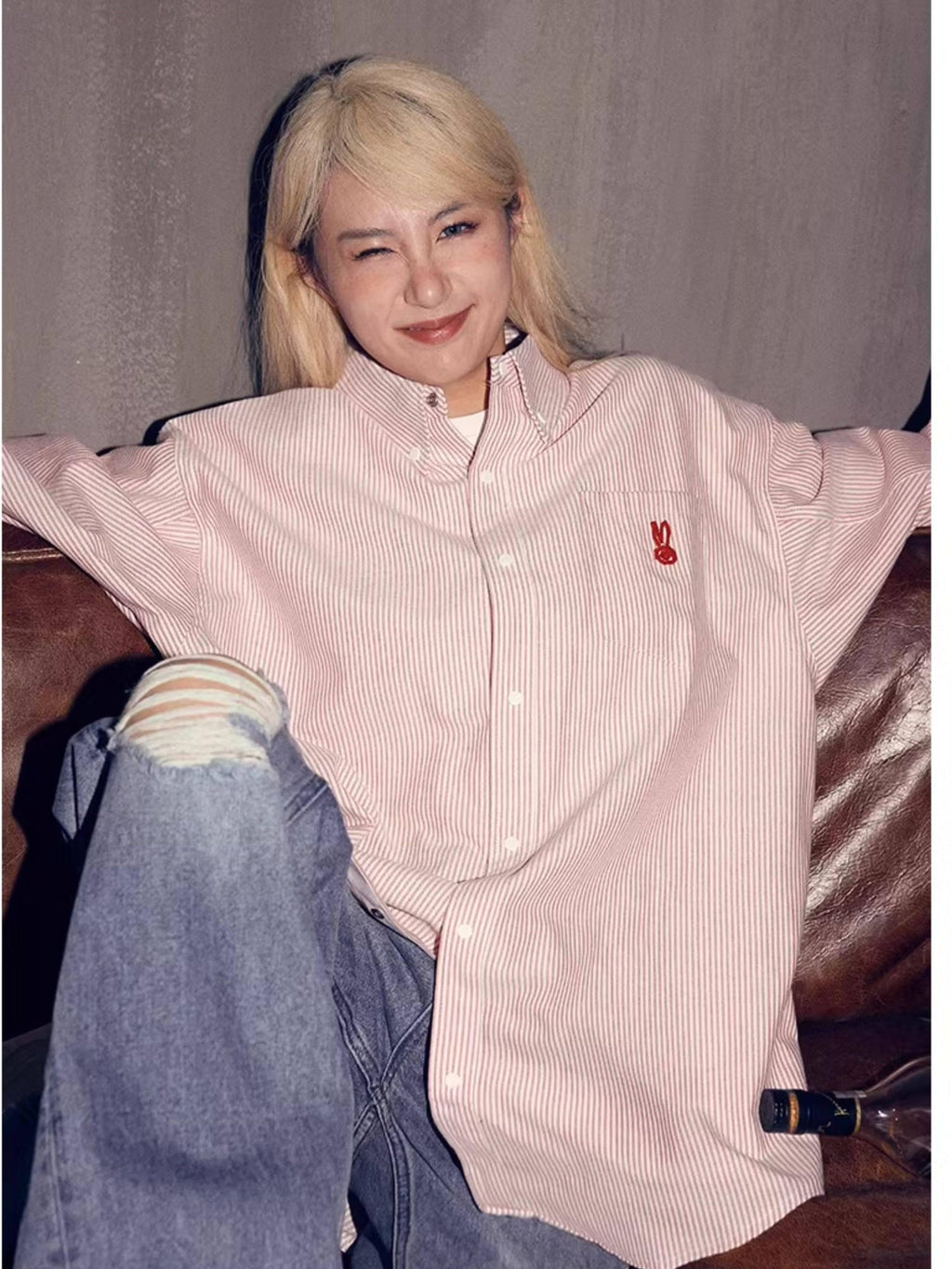 RickyisClown Pink Swirl Rabbit Embroidery Long Sleeve Chinese Street Men's Striped Shirts