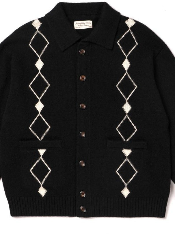 SUPERTOFU 100% Wool Jacquard Polo Collar Button Pocket Loose Fit Unisex Cardigans