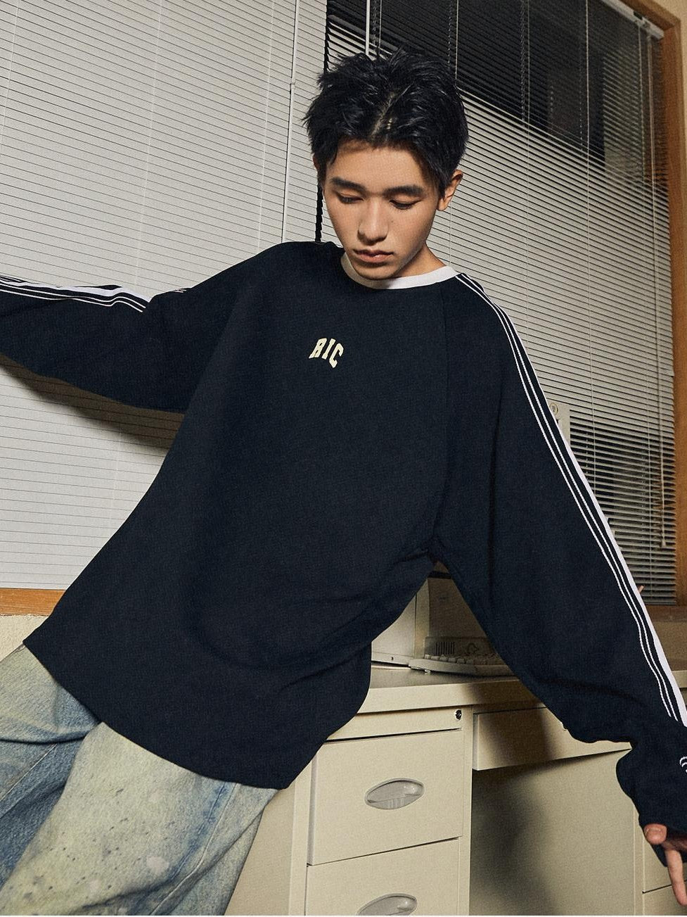 RickyisClown Retro Chain Stitch Embroidered Webbing Colorblock Men's Long Sleeve T-shirts