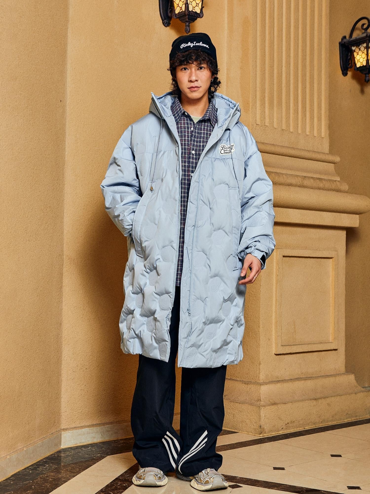 RickyisClown Hooded Bonded Embossed Mid Length Men's Polyester White Duck Down Down Jackets