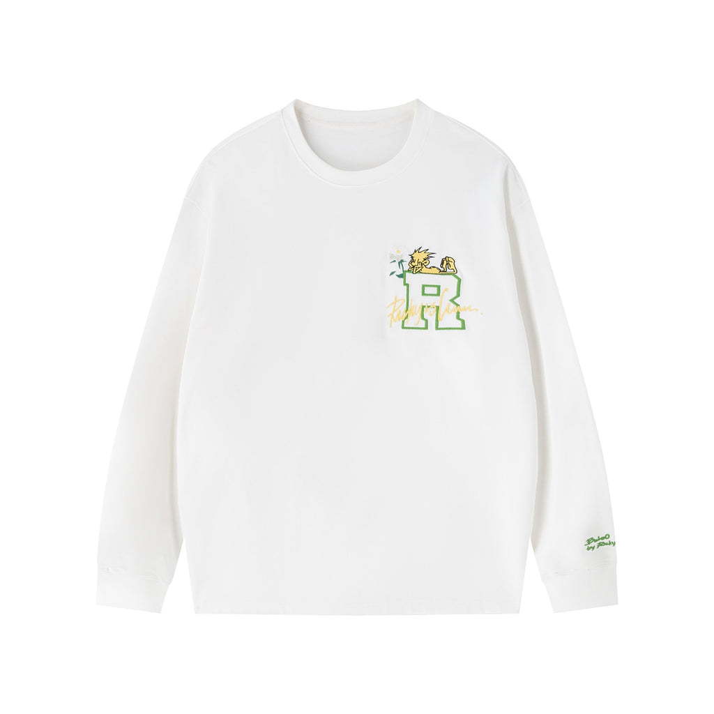 RickyisClown_Pineapple_Head_Embroidered_Loose_Men's_Cotton_Blend_Long_Sleeve_T-shirts_MISSTT