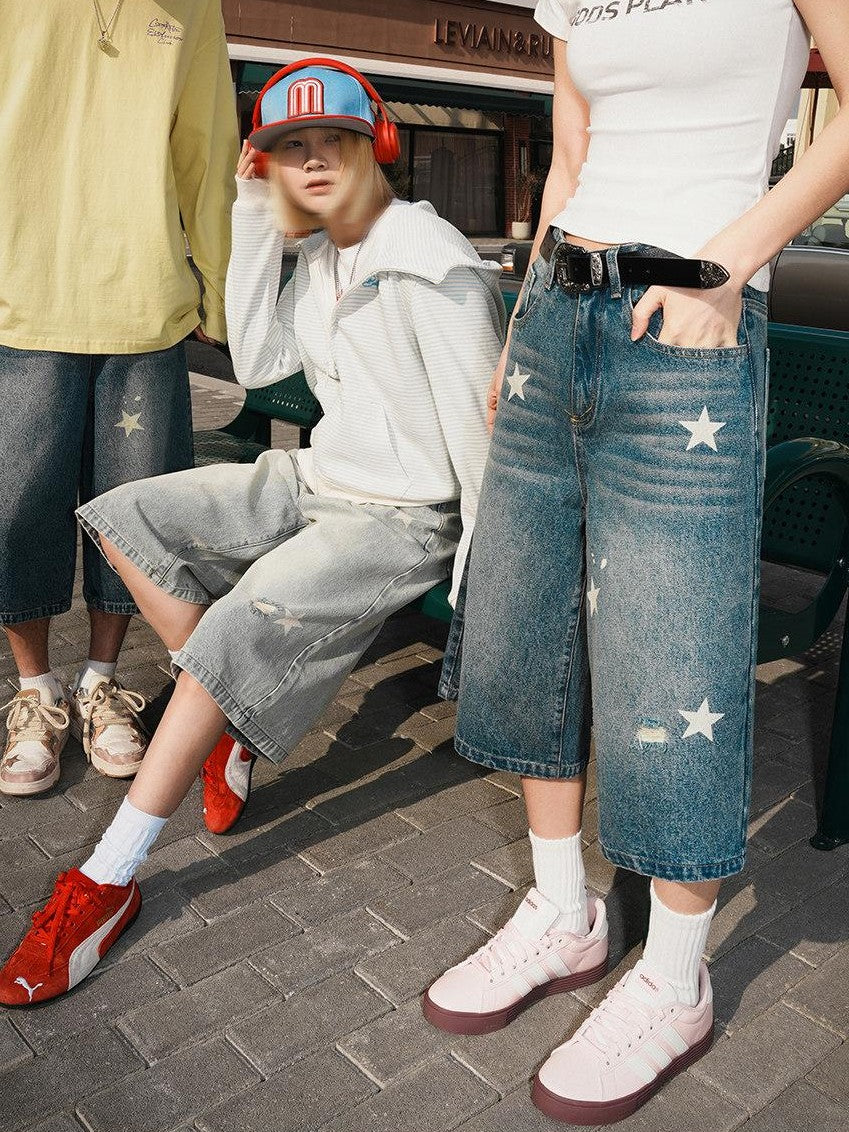 lemanism Star Print Seven Point Cropped Casual Couple Men's Denim Loose Jeans