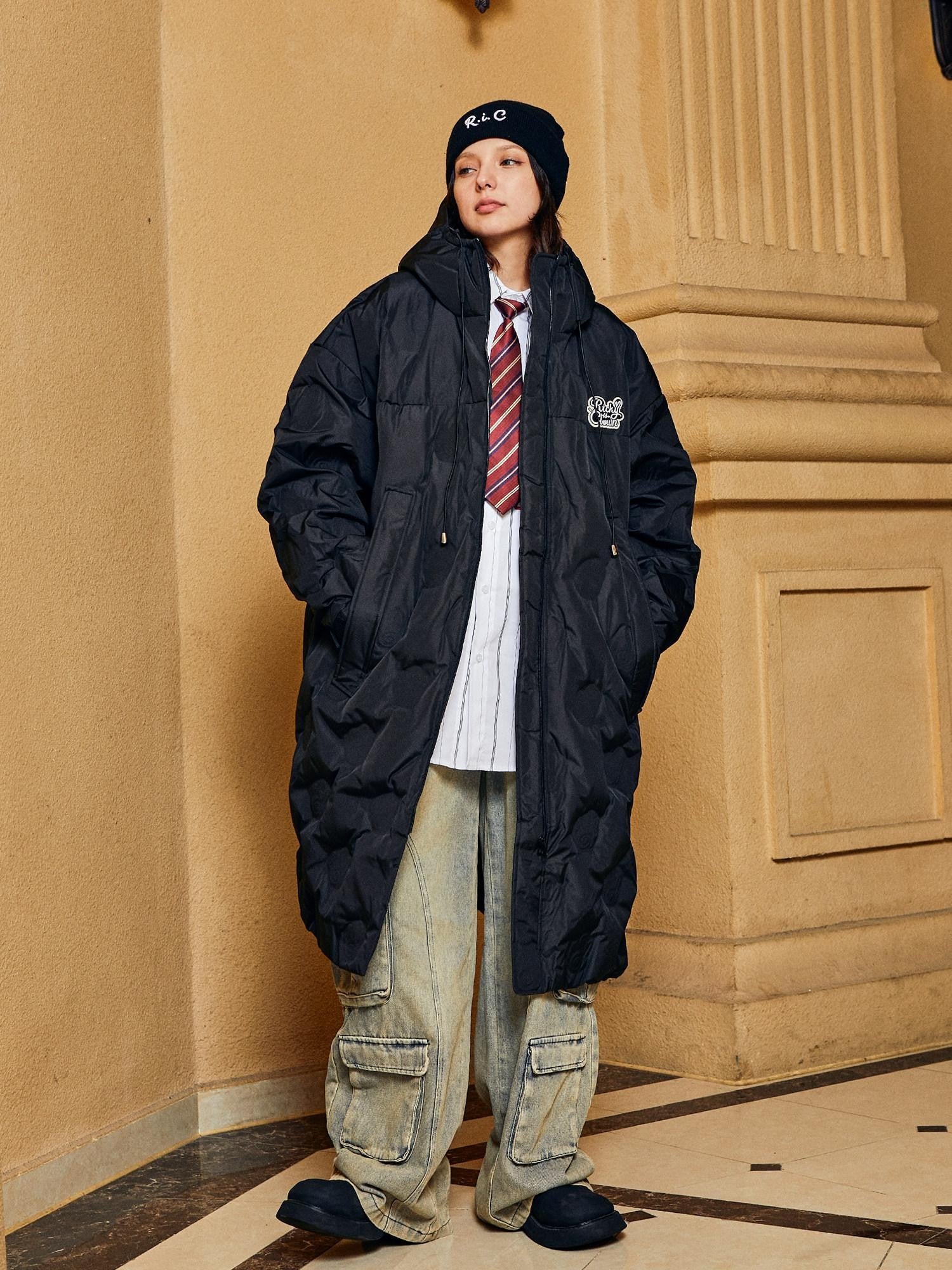 RickyisClown Hooded Bonded Embossed Mid Length Men's Polyester White Duck Down Down Jackets