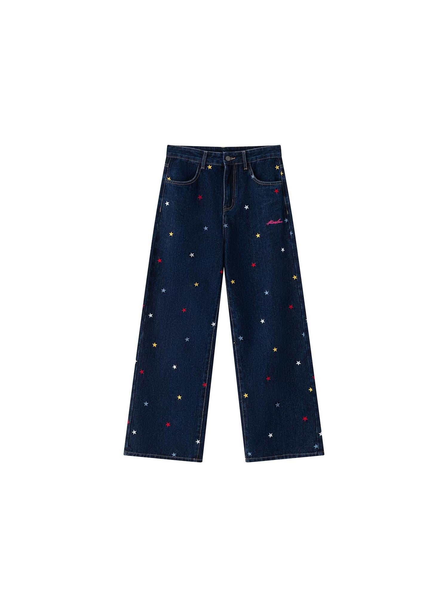RickyisClown Washed Blue Star Embroidered Loose Men's Denim Straight Jeans