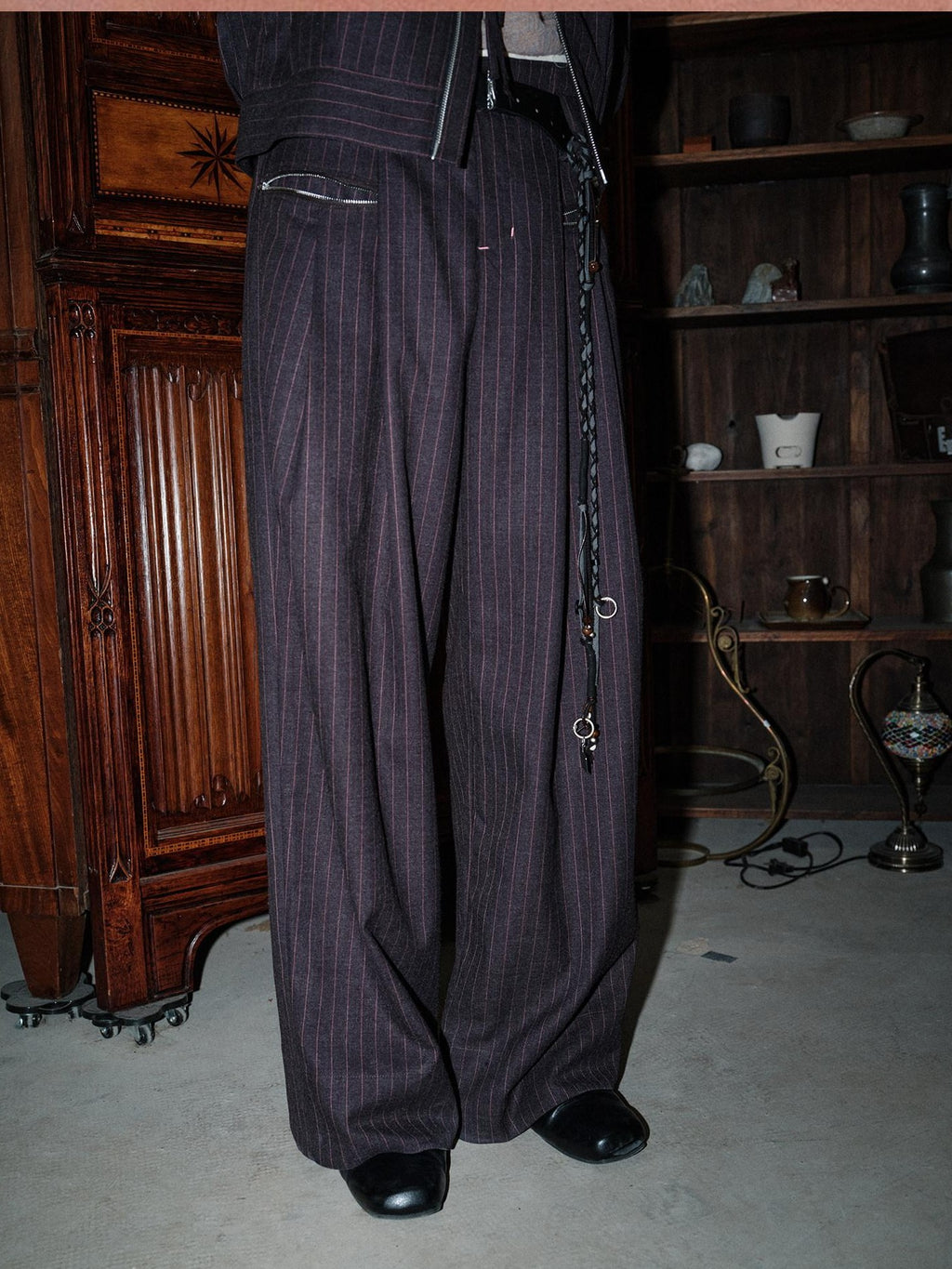soknot Gray Pink Striped Relaxed Wide Fit Men's Polyester Viscose Blend Dress Pants