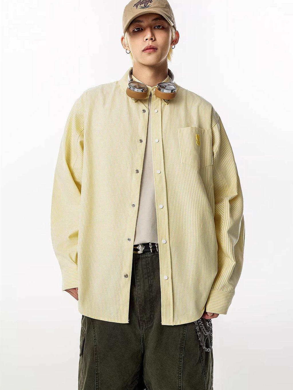 RickyisClown Pink Swirl Rabbit Embroidery Long Sleeve Chinese Street Men's Striped Shirts