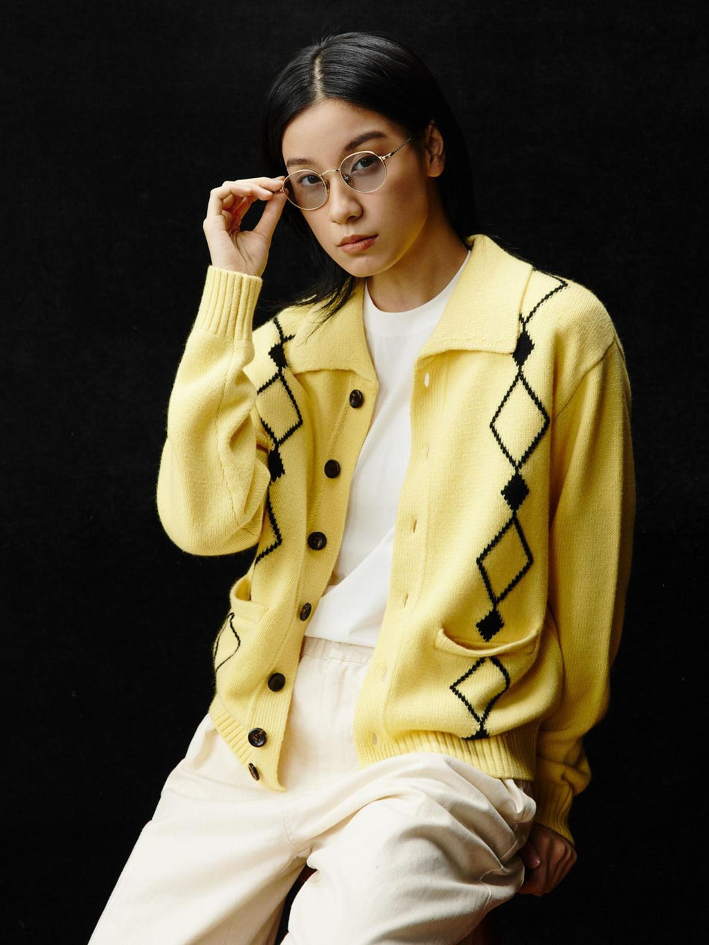 SUPERTOFU 100% Wool Jacquard Polo Collar Button Pocket Loose Fit Unisex Cardigans