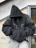 TH4SWE Warm Washed Hooded Oversized Short Cotton Ribbed Hem Unisex Black Puffer Jackets