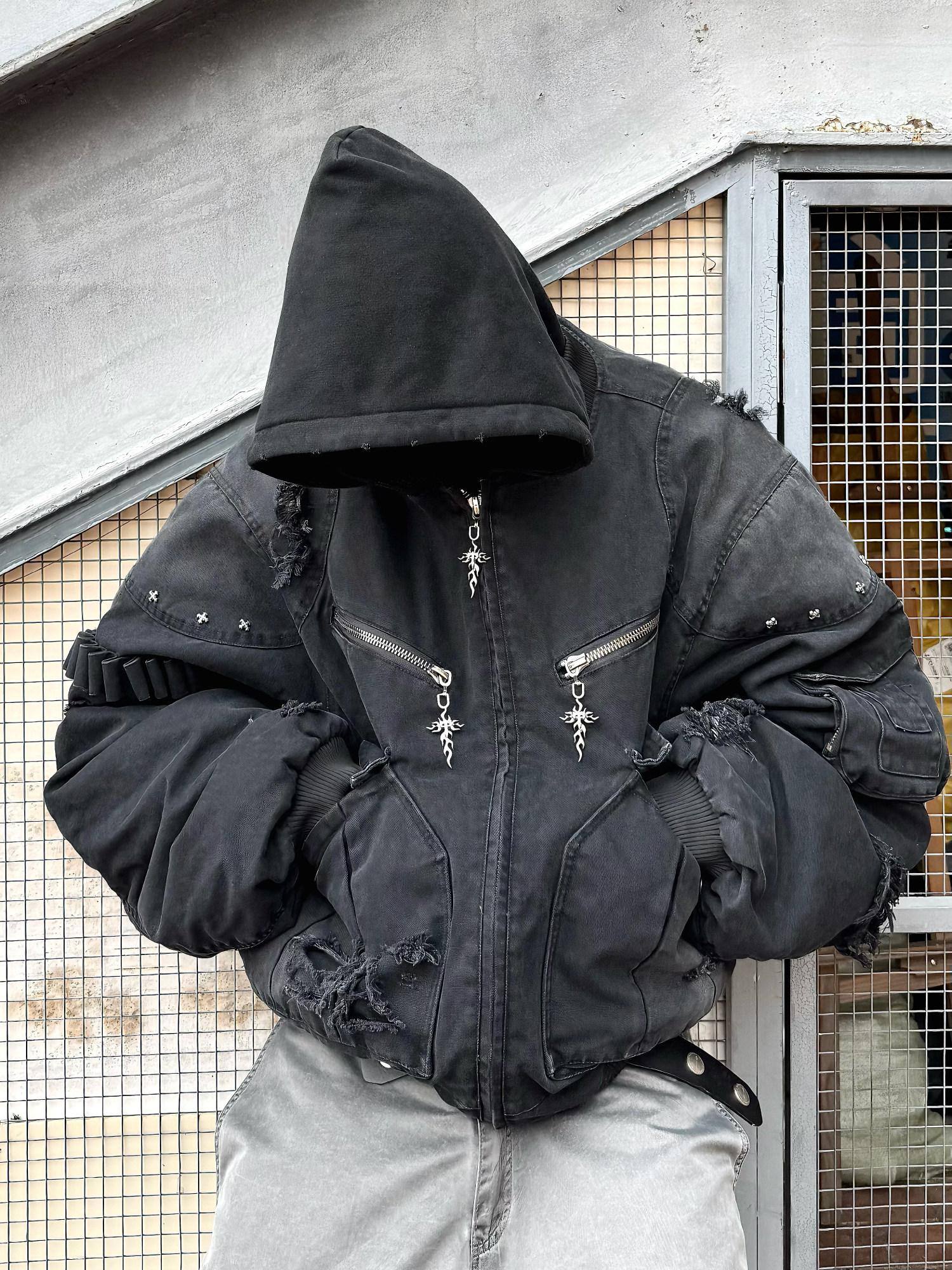 TH4SWE Warm Washed Hooded Oversized Short Cotton Ribbed Hem Unisex Black Puffer Jackets