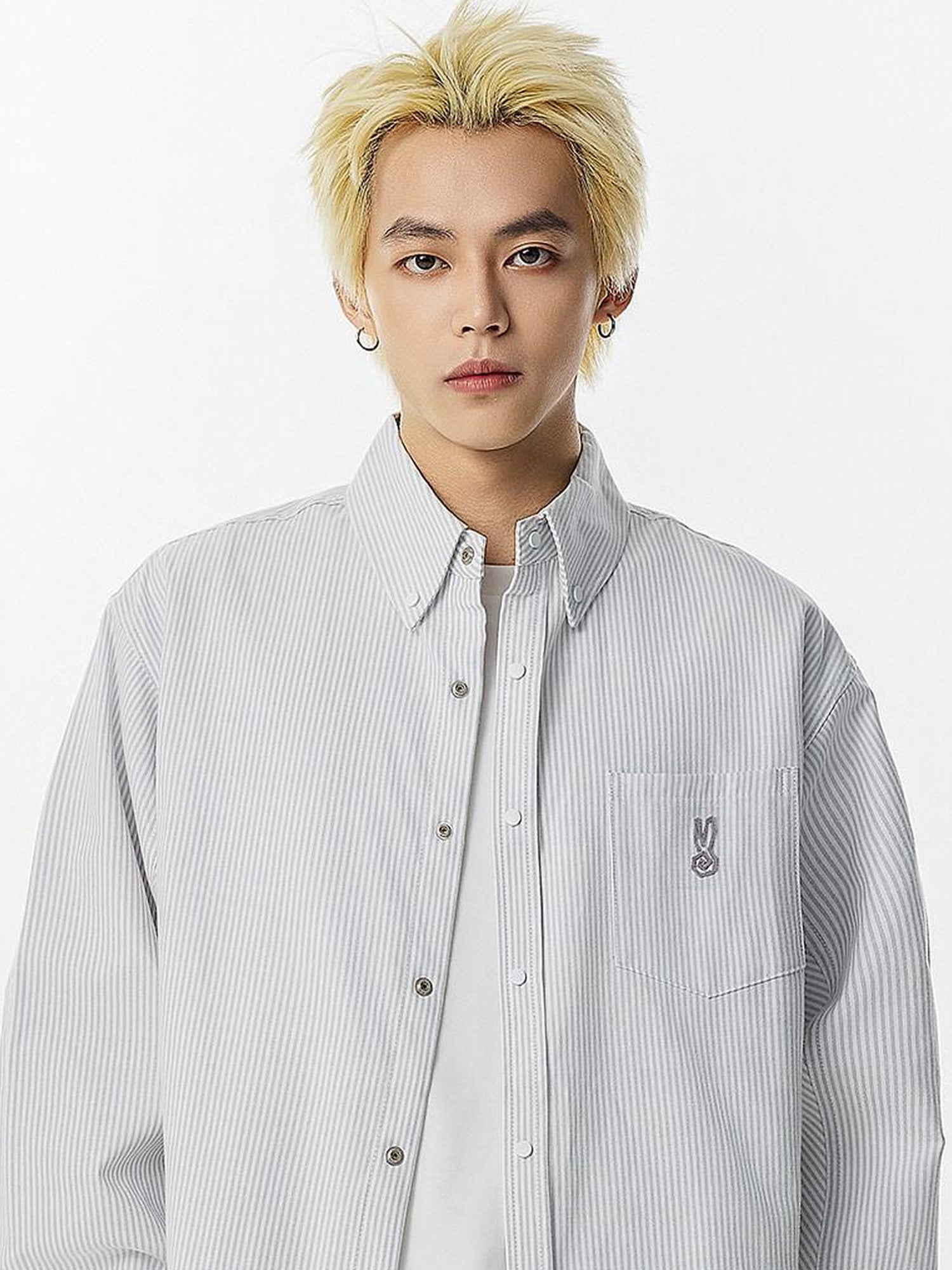 RickyisClown Pink Swirl Rabbit Embroidery Long Sleeve Chinese Street Men's Striped Shirts