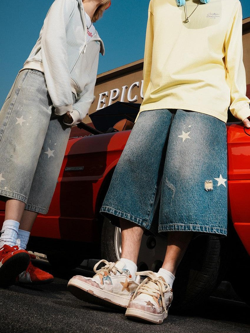 lemanism Star Print Seven Point Cropped Casual Couple Men's Denim Loose Jeans