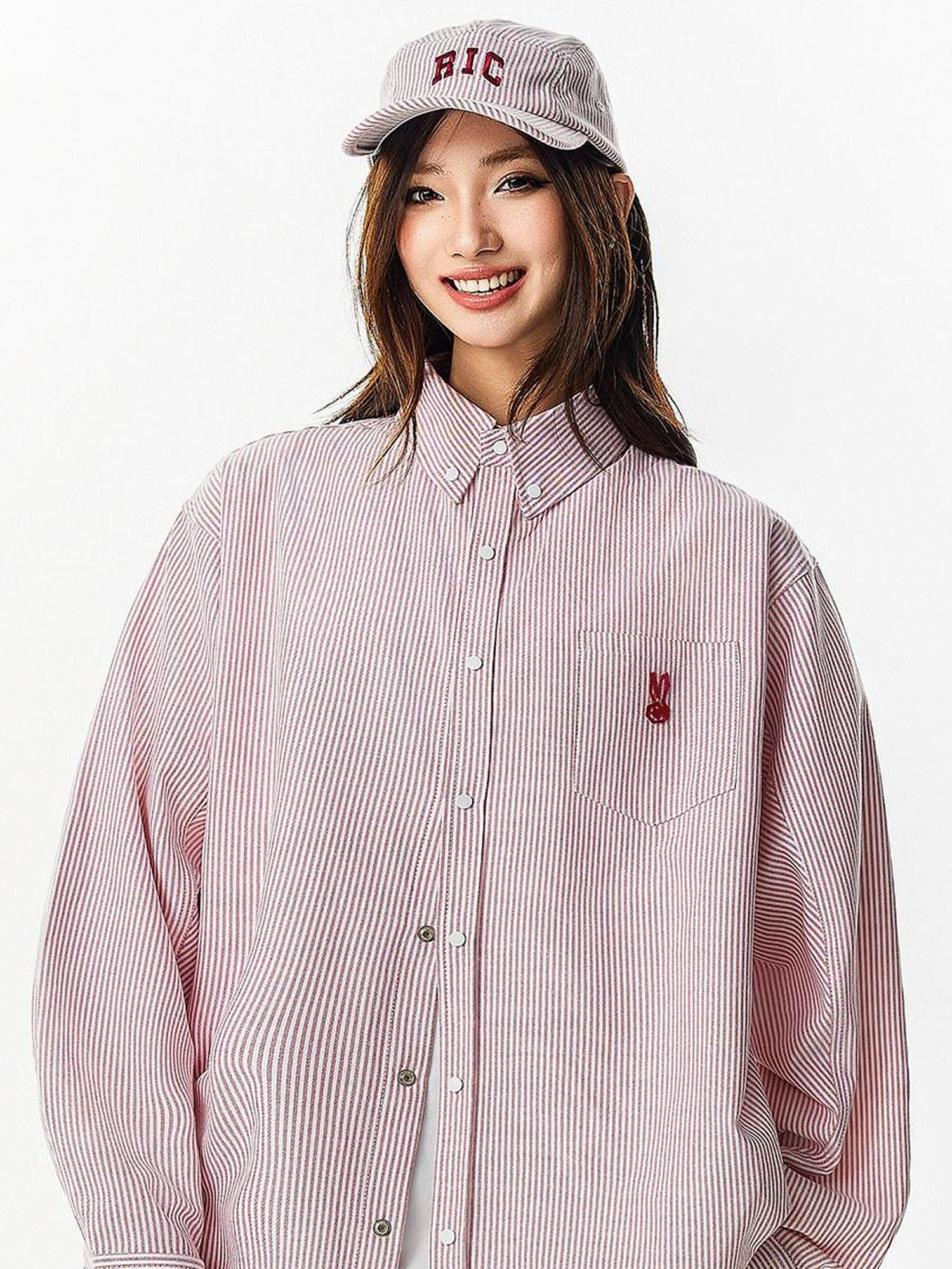 RickyisClown Pink Swirl Rabbit Embroidery Long Sleeve Chinese Street Men's Striped Shirts