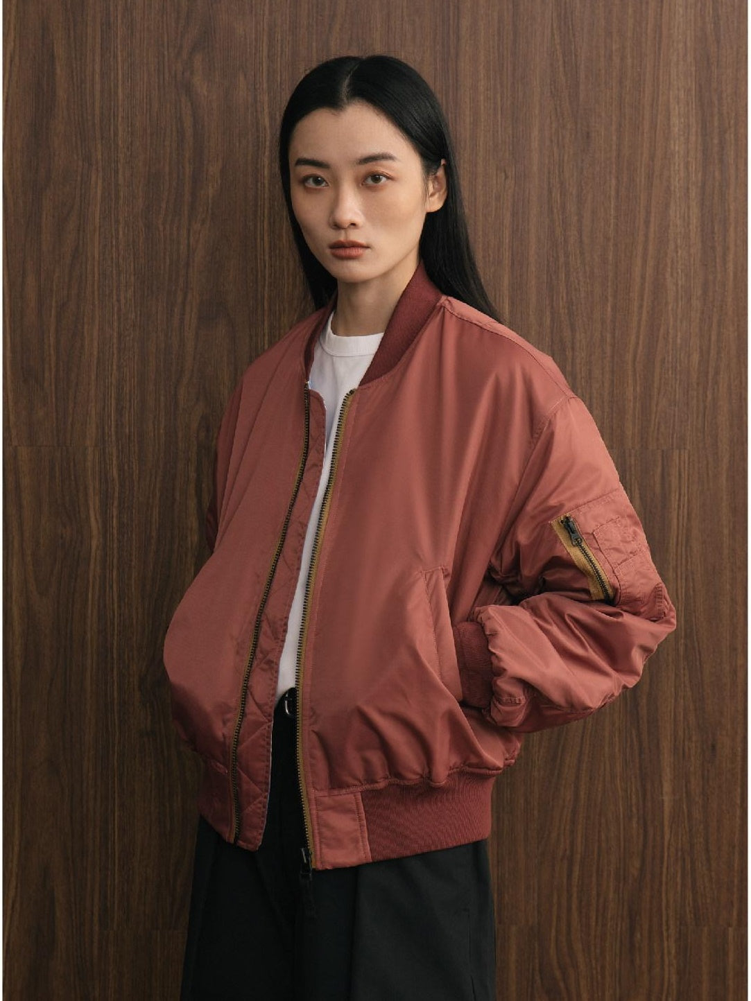 SUPERTOFU Warm Thick Salmon Striped Baseball Collar Cuffed Sleeves Unisex Bomber Jackets