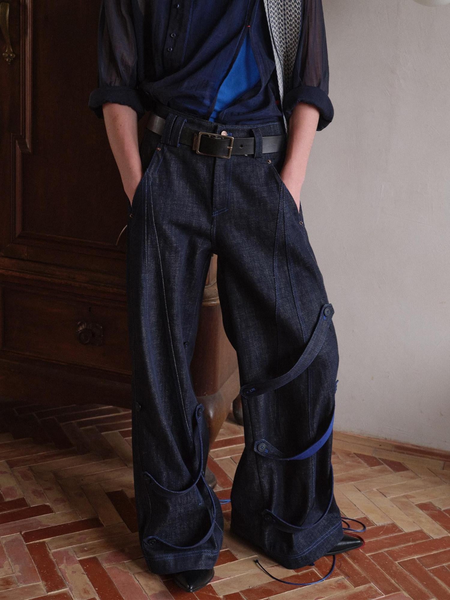soknot Indigo Washed Dark Navy Wide Leg Relaxed Fit Men's Denim Loose Jeans