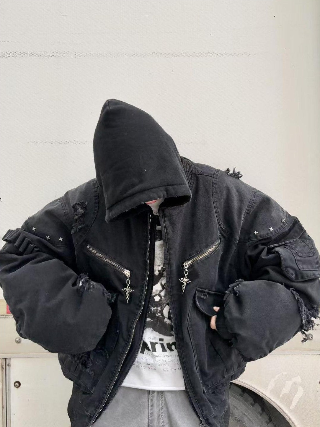 TH4SWE Warm Washed Hooded Oversized Short Cotton Ribbed Hem Unisex Black Puffer Jackets
