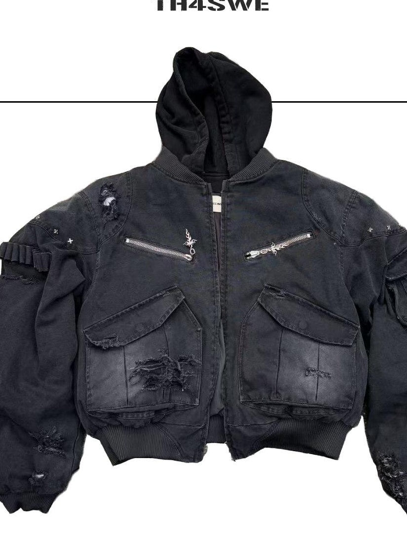 TH4SWE Warm Washed Hooded Oversized Short Cotton Ribbed Hem Unisex Black Puffer Jackets