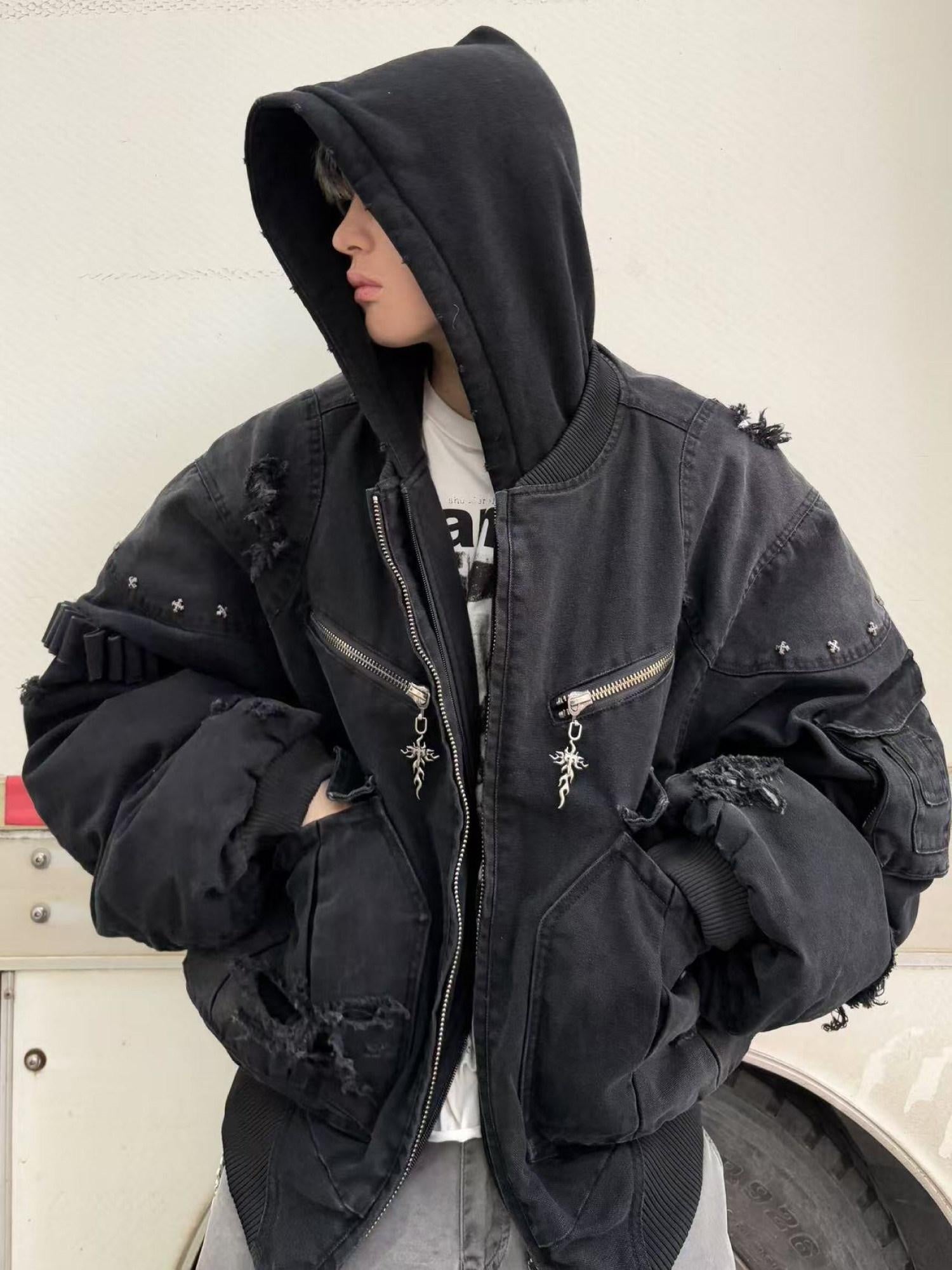 TH4SWE Warm Washed Hooded Oversized Short Cotton Ribbed Hem Unisex Black Puffer Jackets