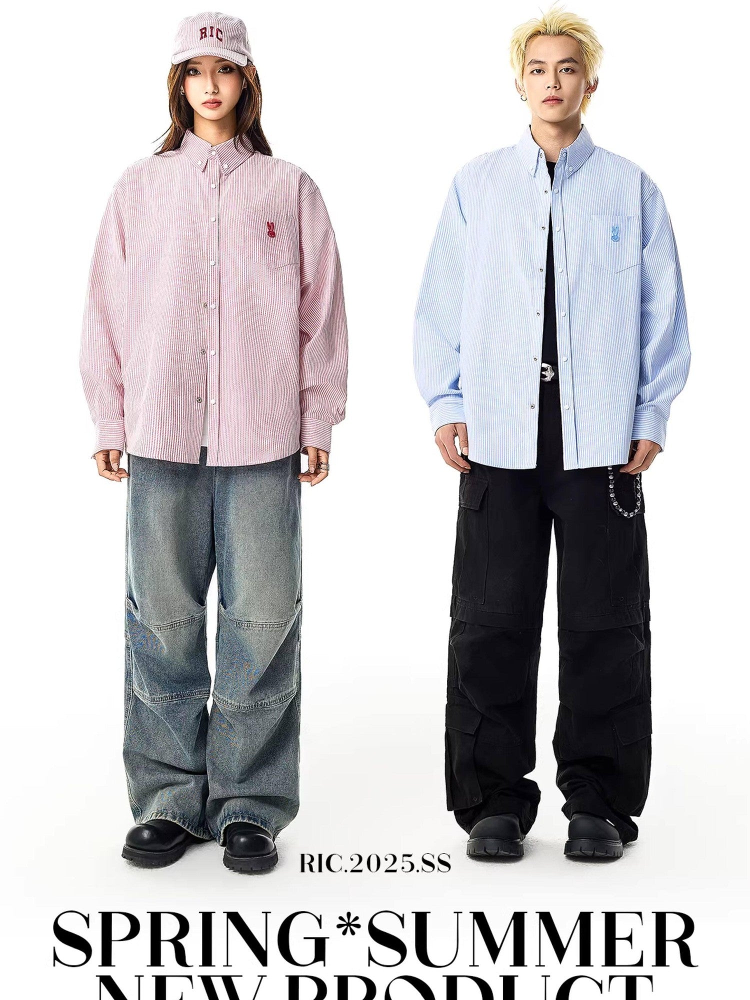 RickyisClown Pink Swirl Rabbit Embroidery Long Sleeve Chinese Street Men's Striped Shirts