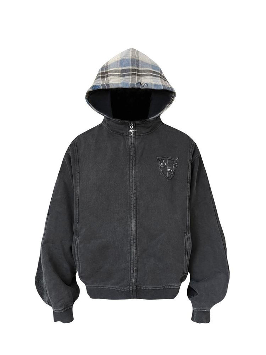 TH4SWE 100 Percent Cotton Terry Loose Fit Hooded Zip Unisex Youth Black Plaid Hoodies