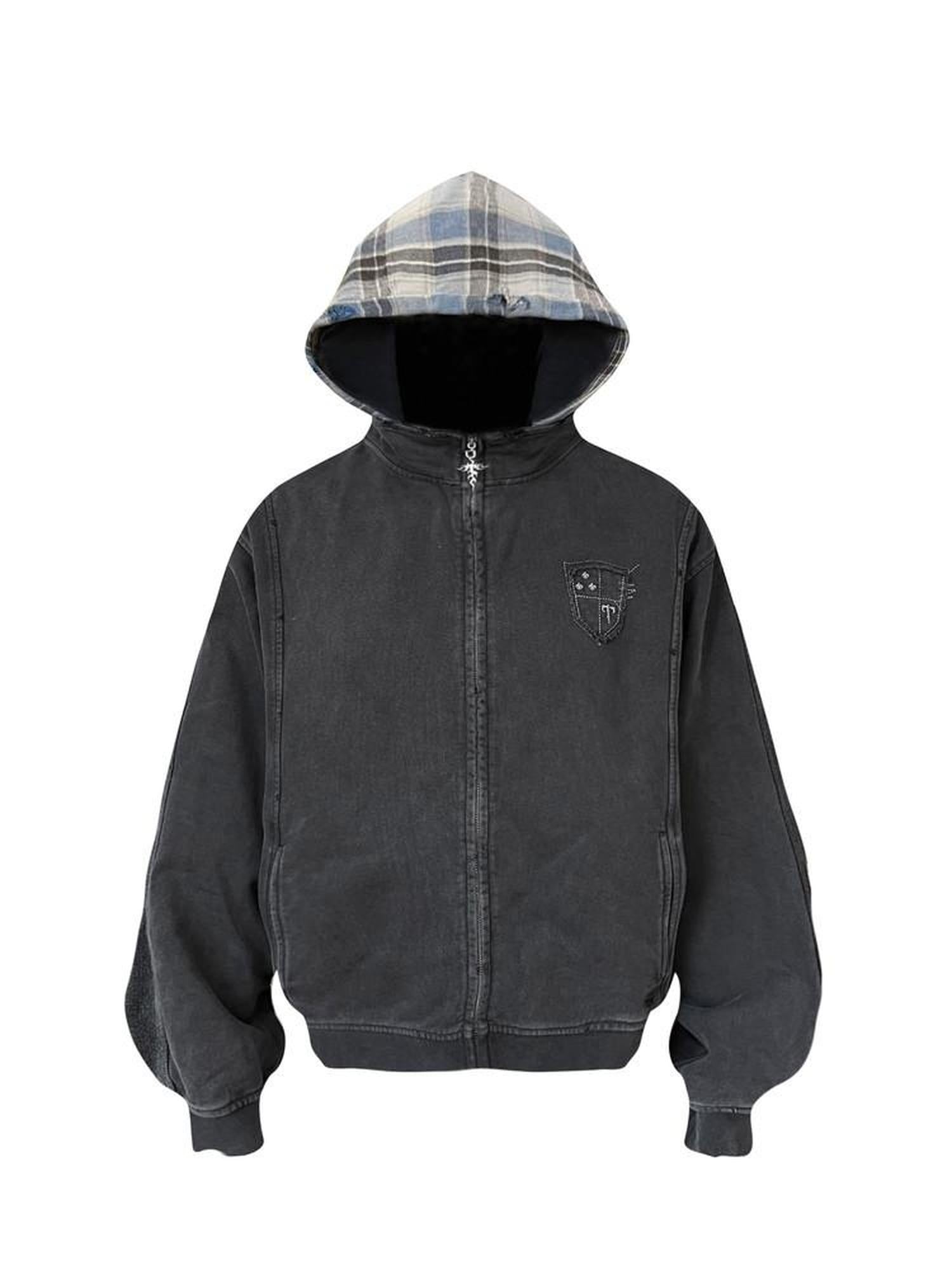 TH4SWE 100 Percent Cotton Terry Loose Fit Hooded Zip Unisex Youth Black Plaid Hoodies