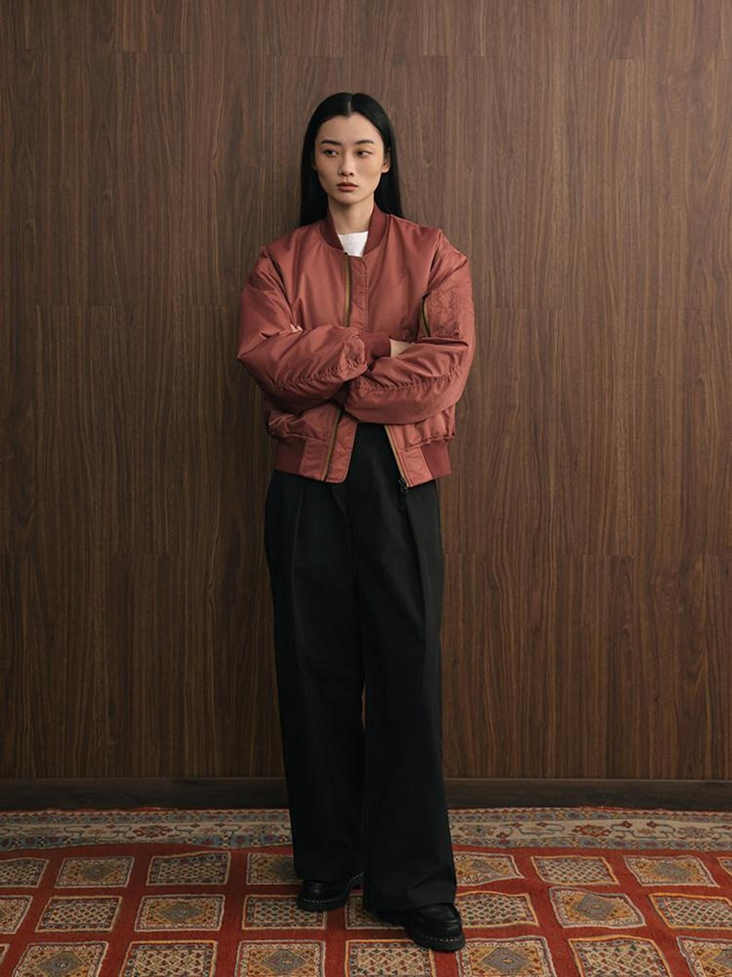 SUPERTOFU Warm Thick Salmon Striped Baseball Collar Cuffed Sleeves Unisex Bomber Jackets