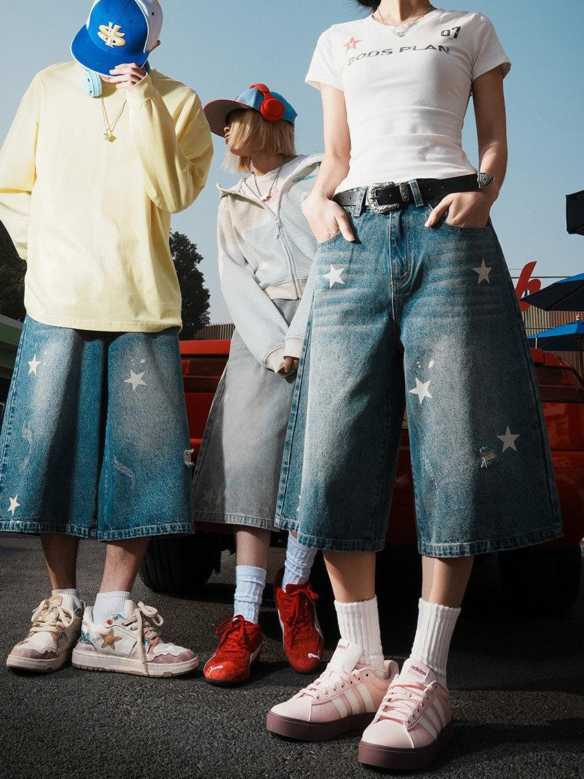 lemanism Star Print Seven Point Cropped Casual Couple Men's Denim Loose Jeans