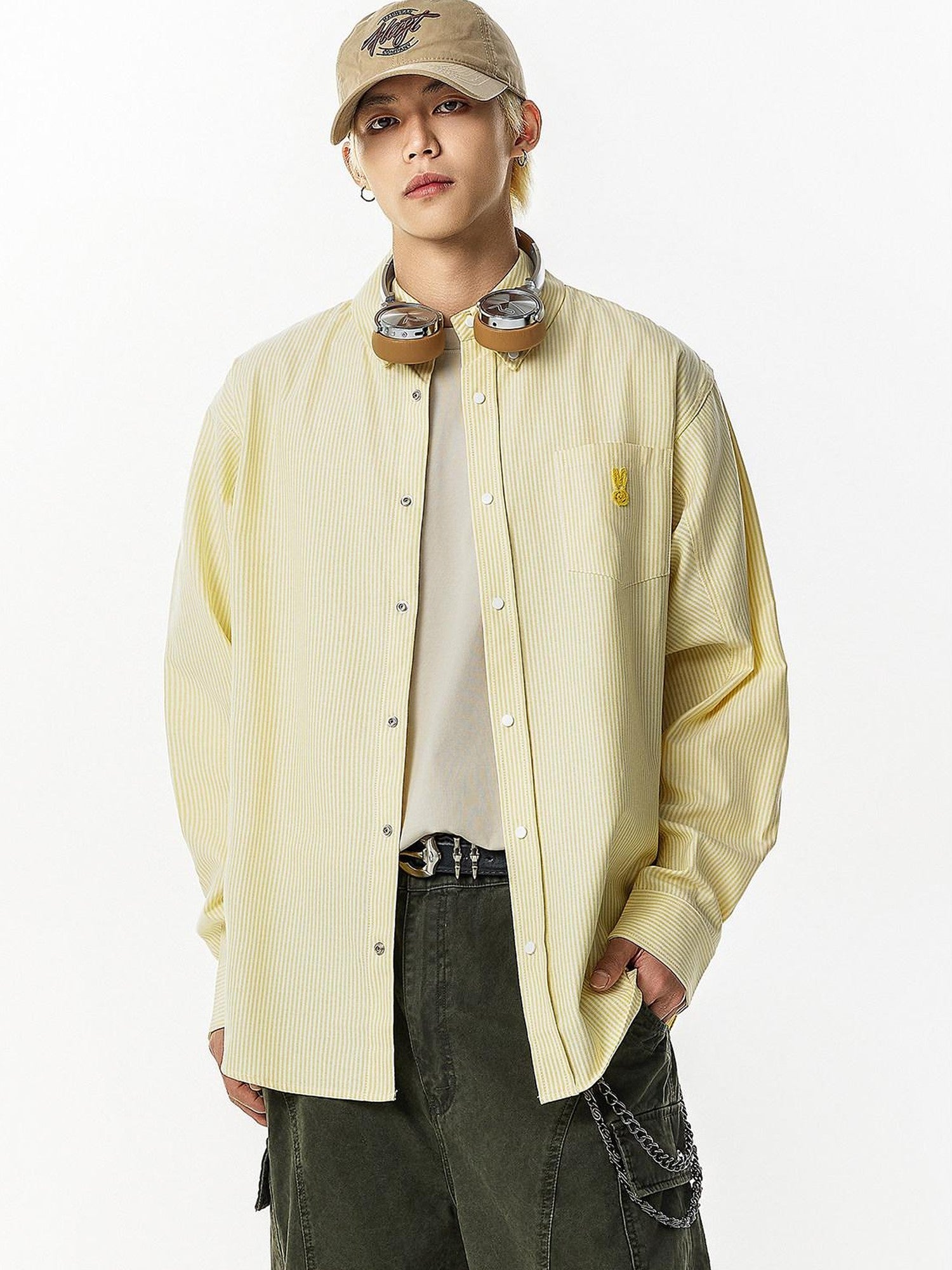 RickyisClown Pink Swirl Rabbit Embroidery Long Sleeve Chinese Street Men's Striped Shirts
