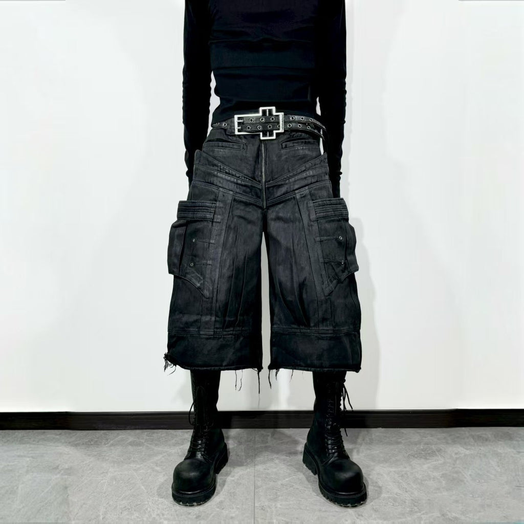 ATAnothingness_Breathable_Pure_Cotton_Relaxed_Cargo_Straight_Unisex_Metallic_Black_Denim_Shorts_MISSTT