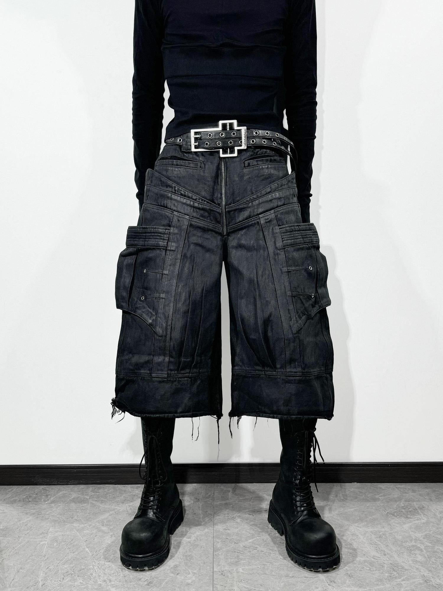 ATAnothingness Breathable Pure Cotton Relaxed Cargo Straight Unisex Metallic Black Denim Shorts