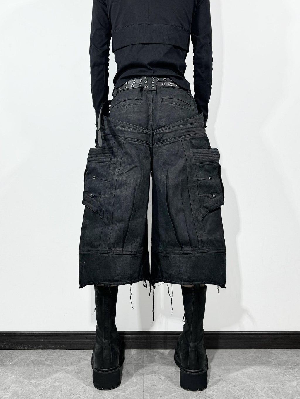 ATAnothingness Breathable Pure Cotton Relaxed Cargo Straight Unisex Metallic Black Denim Shorts