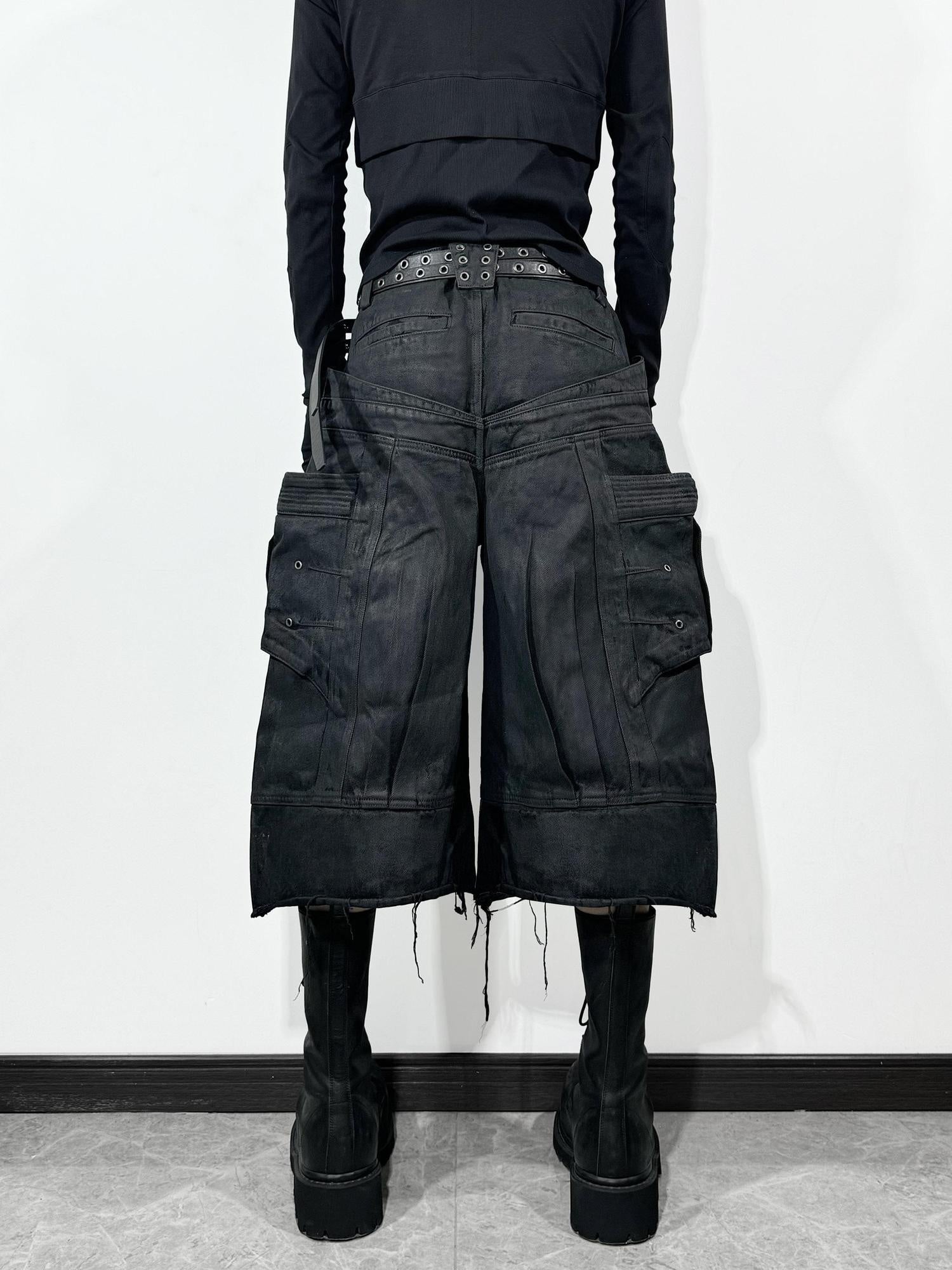 ATAnothingness Breathable Pure Cotton Relaxed Cargo Straight Unisex Metallic Black Denim Shorts