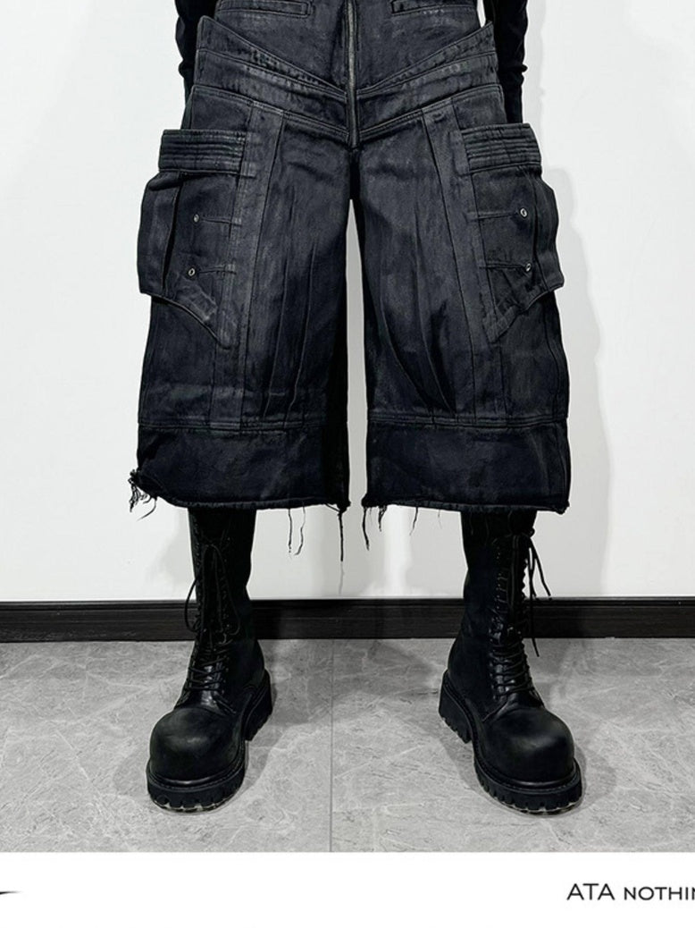ATAnothingness Breathable Pure Cotton Relaxed Cargo Straight Unisex Metallic Black Denim Shorts