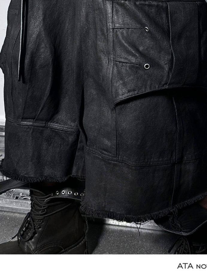 ATAnothingness Breathable Pure Cotton Relaxed Cargo Straight Unisex Metallic Black Denim Shorts