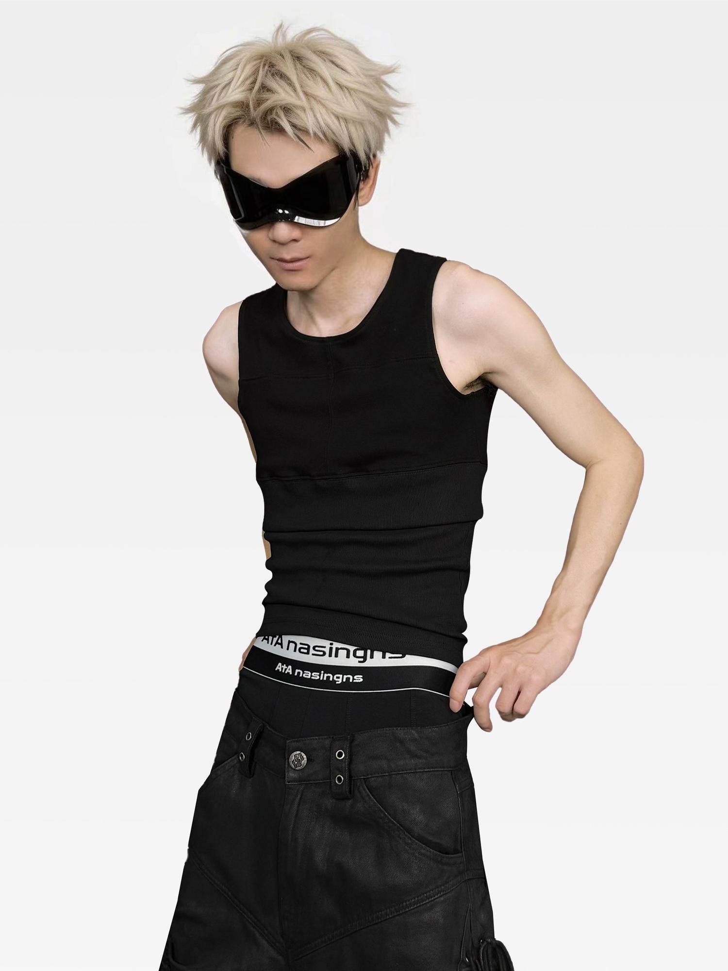 ATAnothingness Breathable Slim Fit Cotton Crewneck H Back Casual Everyday Black Youth Tank Tops
