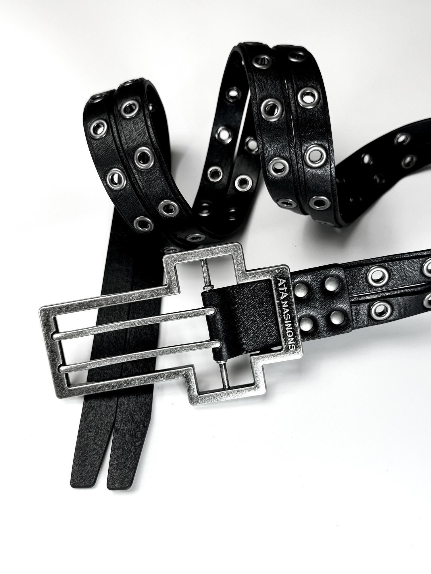 ATAnothingness Full Grain Leather Glossy Versatile Classic Buckle Unisex Black 135Cm Belts