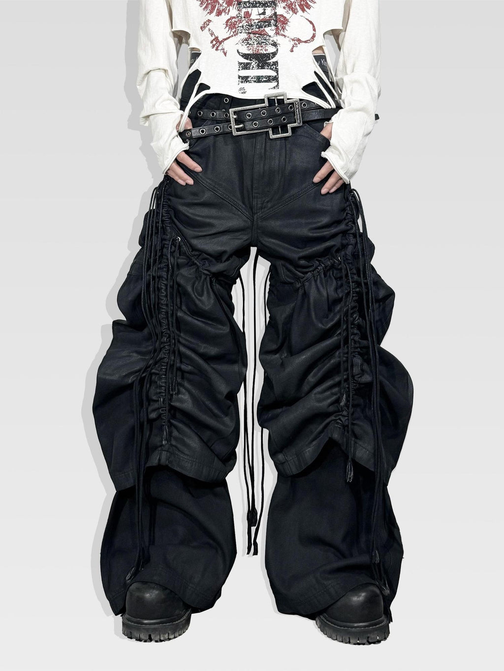 ATAnothingness Pleated Cargo Loose Fit Dark Gothic Mid Rise Cotton Casual Wide-Leg Jeans
