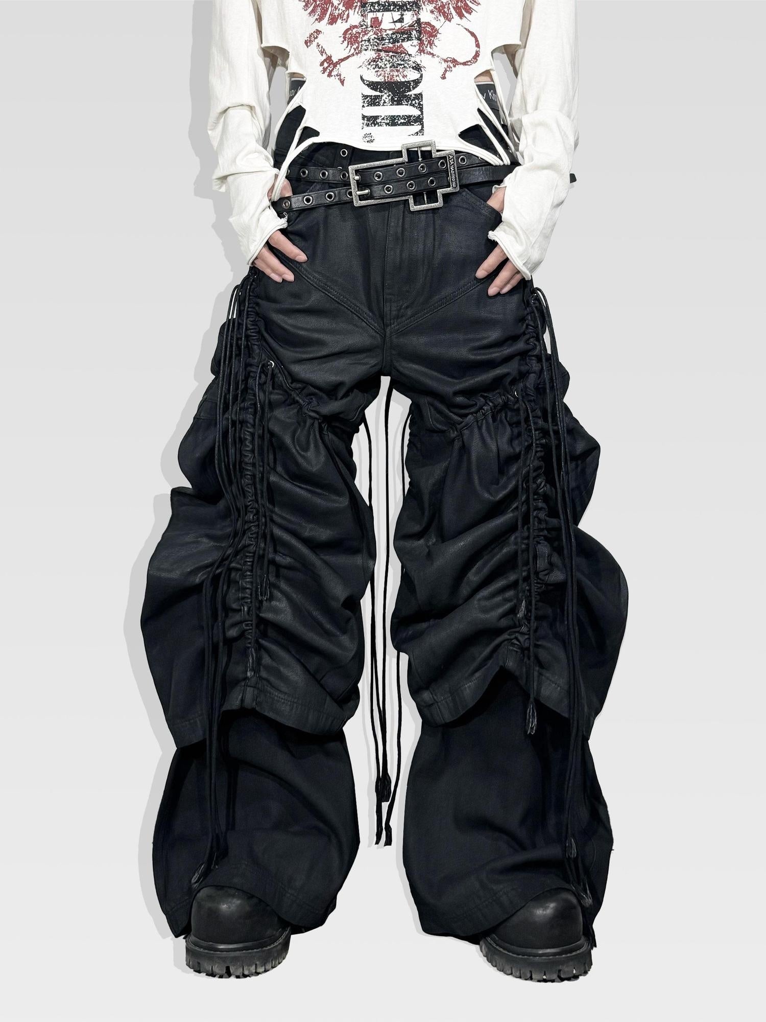ATAnothingness Pleated Cargo Loose Fit Dark Gothic Mid Rise Cotton Casual Wide-Leg Jeans